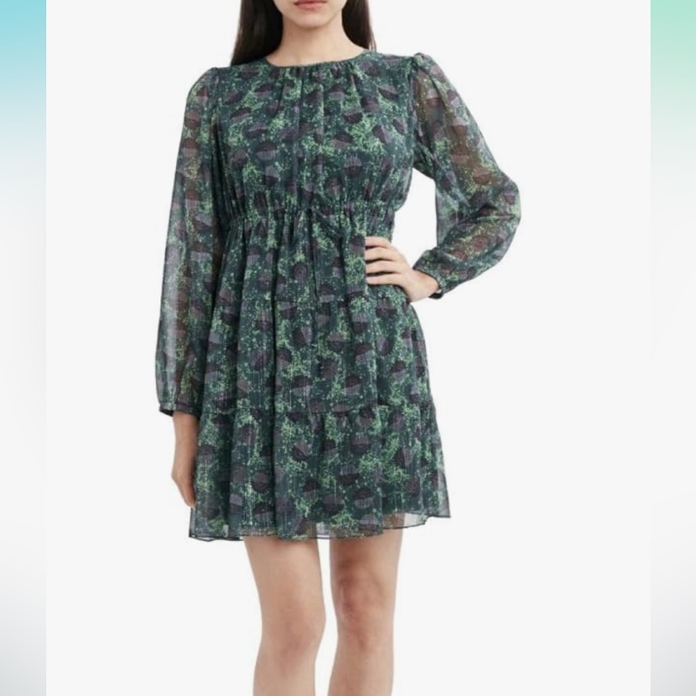 BCB GENERATION Green Voile Floral Peacock Print Belted Mini Dress Size S